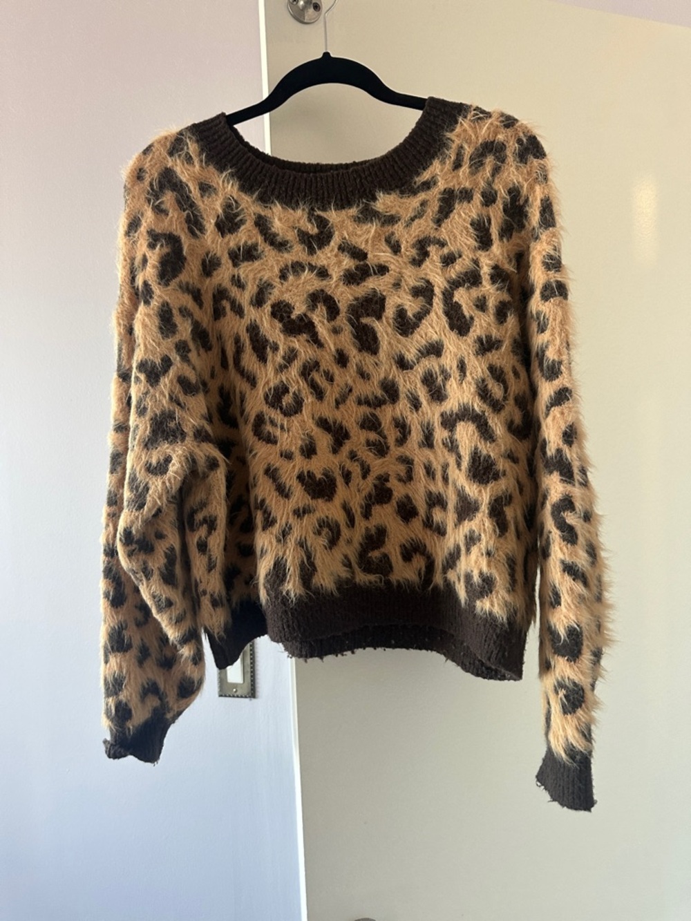 H&M Fuzzy Leopard Print Crewneck Sweater in Tan and Black